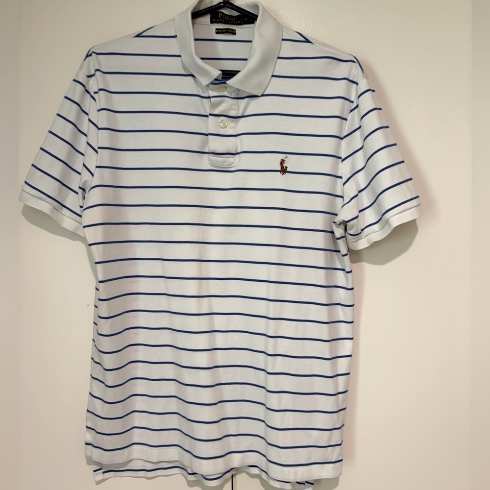 Men’s large Pima soft touch striped polo. Royal blue on white.